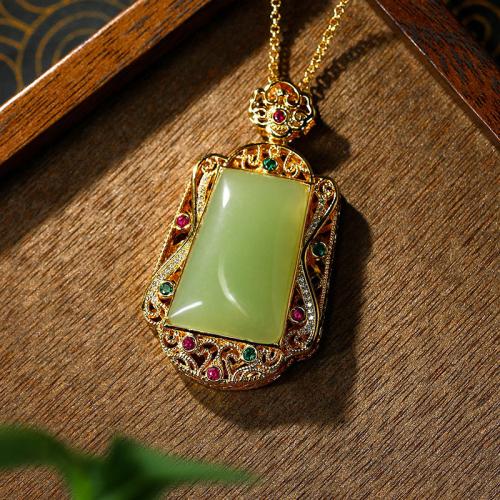 Zinc Alloy Necklace, with Synthetic Jade, Geometrical Pattern, gold color plated, folk style & oval chain & for woman & with rhinestone & hollow Approx 17.7 Inch 