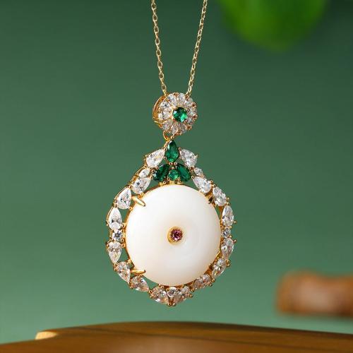 Brass Necklace, with Synthetic Jade, gold color plated, oval chain & for woman & with rhinestone Approx 17.7 Inch 