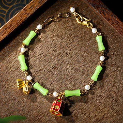 Zinc Alloy Bracelet, with Synthetic Jade & Lampwork, gold color plated, for woman & enamel Approx 6-8 Inch 