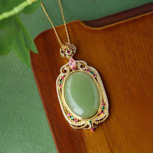 Brass Necklace, with Synthetic Jade, gold color plated, oval chain & for woman & with rhinestone & hollow Approx 17.7 Inch 