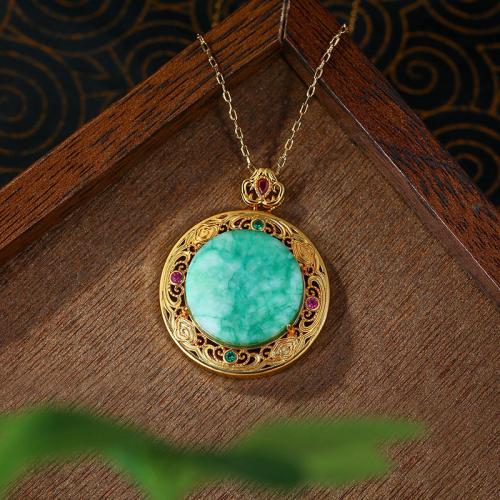 Zinc Alloy Necklace, with Kosmochlor Jade, Round, gold color plated, oval chain & for woman & with rhinestone & hollow Approx 17.7 Inch 