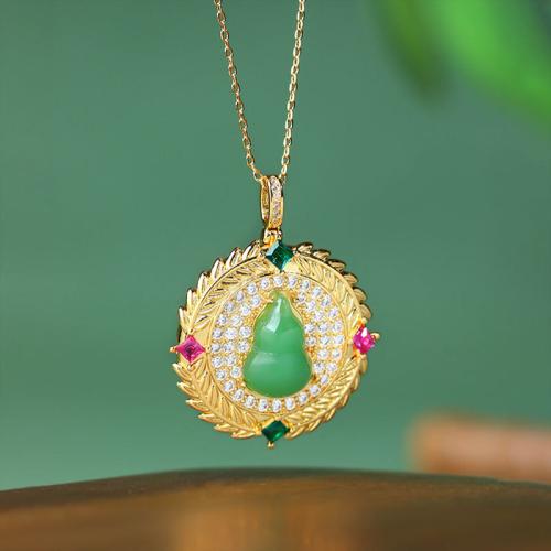 Zinc Alloy Necklace, with Synthetic Jade, Calabash, gold color plated, oval chain & for woman & with rhinestone Approx 17.7 Inch 