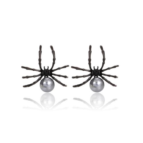 Zinc Alloy Stud Earring, with Plastic Pearl, Spider, Halloween Design & fashion jewelry & for woman, black 