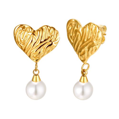 Stainless Steel Drop Earring, 304 Stainless Steel, with Plastic Pearl, Heart, fashion jewelry & for woman, golden 