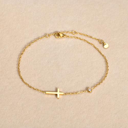 Stainless Steel Anklets Jewelry, 304 Stainless Steel, with 5cm extender chain, Cross, fashion jewelry & micro pave cubic zirconia & for woman, golden Approx 21 cm 