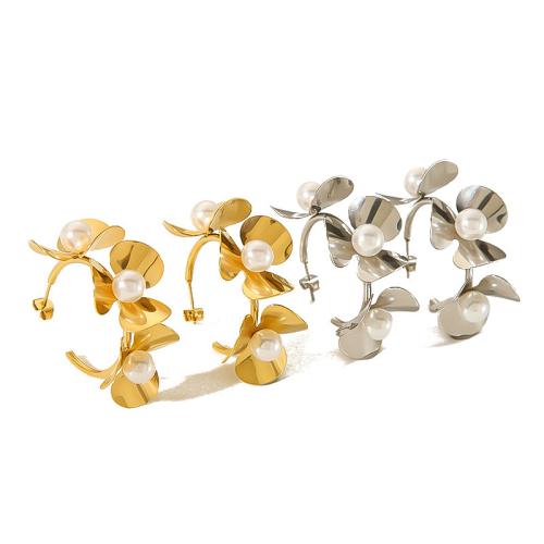 Stainless Steel Stud Earring, 304 Stainless Steel, with Plastic Pearl, Flower, Vacuum Ion Plating, fashion jewelry & for woman 