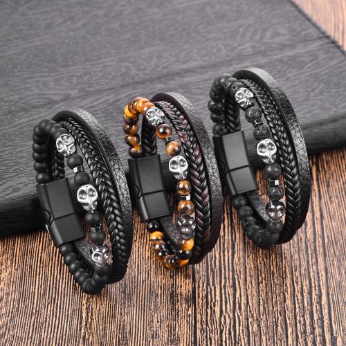 PU Leather Cord Bracelets, Gemstone, with PU Leather & Synthetic Gemstone & Hematite & Zinc Alloy, plated, three layers & for man cm 