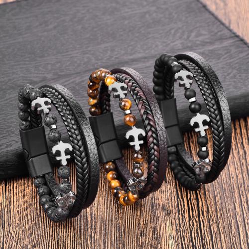 PU Leather Cord Bracelets, Gemstone, with PU Leather & Synthetic Gemstone & Zinc Alloy, plated, three layers & for man cm 