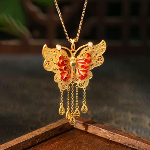 Zinc Alloy Necklace, with Synthetic Jade, Butterfly, gold color plated, vintage & oval chain & for woman & enamel Approx 17.7 Inch 