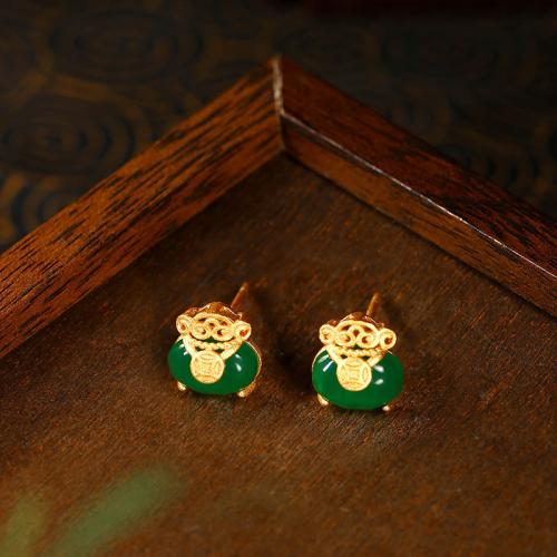 Zinc Alloy Stud Earring, with Green Calcedony, gold color plated, for woman & hollow 