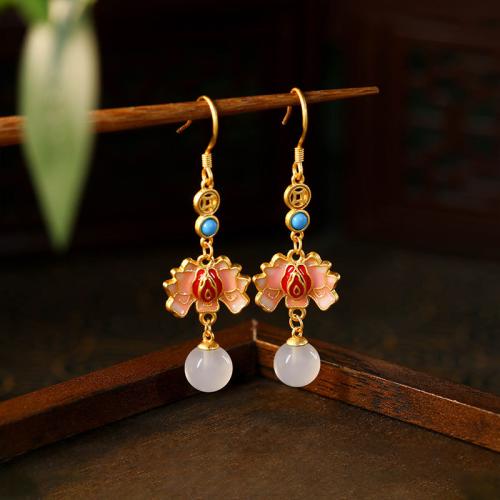 Zinc Alloy Drop Earring, with White Chalcedony, Lotus, gold color plated, for woman & enamel & hollow 