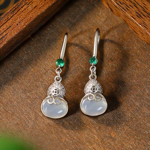 Zinc Alloy Drop Earring, with White Chalcedony, Calabash, silver color plated, vintage & for woman & with rhinestone & hollow 