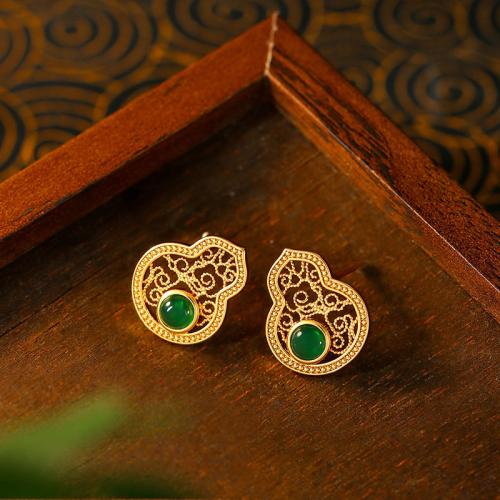 Zinc Alloy Stud Earring, with Green Calcedony, Calabash, gold color plated, for woman & hollow 