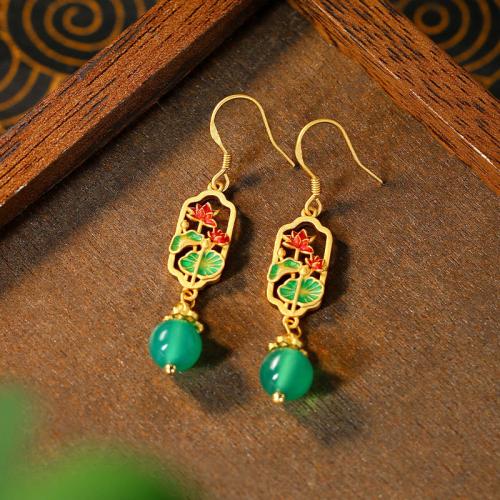 Zinc Alloy Drop Earring, with Synthetic Jade, Flower, gold color plated, vintage & for woman & enamel & hollow 