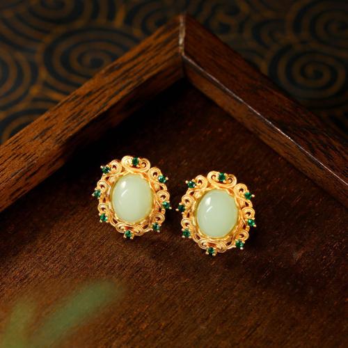 Zinc Alloy Stud Earring, with Synthetic Jade, gold color plated, vintage & for woman & with rhinestone & hollow 