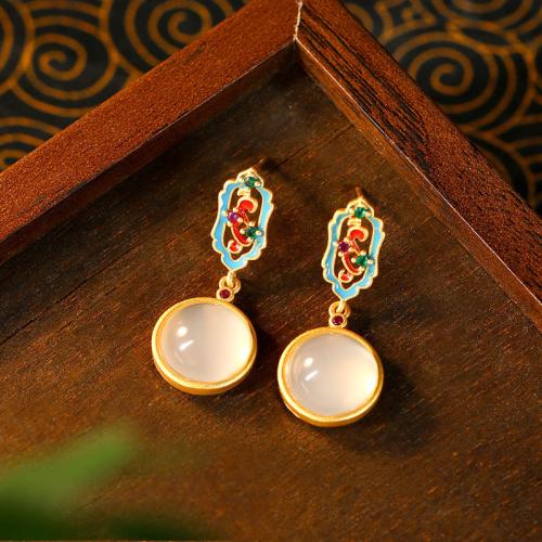 Zinc Alloy Drop Earring, with Synthetic Jade, gold color plated, vintage & for woman & enamel & hollow 