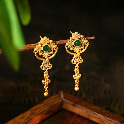 Zinc Alloy Drop Earring, with Synthetic Jade, Flower, gold color plated, vintage & for woman & hollow 