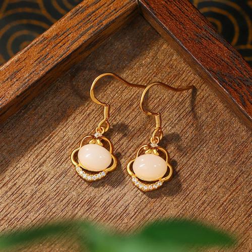 Zinc Alloy Drop Earring, with Synthetic Jade, Ruyi, gold color plated, vintage & for woman & with rhinestone & hollow 