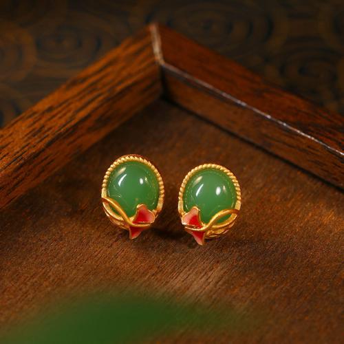 Zinc Alloy Stud Earring, with Synthetic Jade, Ginkgo Leaf, gold color plated, vintage & for woman & enamel 