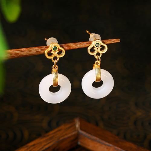 Zinc Alloy Drop Earring, with Synthetic Jade, gold color plated, vintage & for woman & hollow 