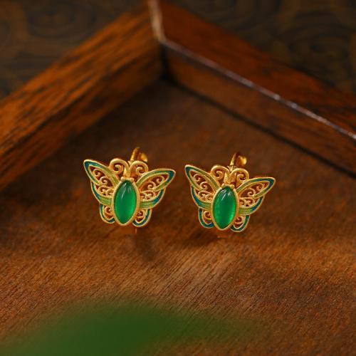 Zinc Alloy Huggie Hoop Earring, with Synthetic Jade, Butterfly, gold color plated, vintage & for woman & enamel & hollow 