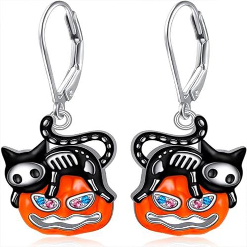 aleación de zinc Huggie Pendiente aro de la gota, Calabaza, chapado en color de plata, Diseño de Halloween & Joyería & para mujer & esmalte & con diamantes de imitación, 13.2x16mm, Vendido por Par