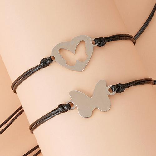 Fashion Create Wax Cord Bracelets, 304 Stainless Steel, with Wax Cord, polished, 2 pieces & for woman, black Approx 16-30 cm 