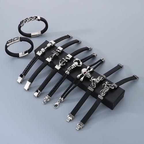 PU Leather Cord Bracelets, 304 Stainless Steel, with PU Leather, Vacuum Ion Plating & for man & with rhinestone 