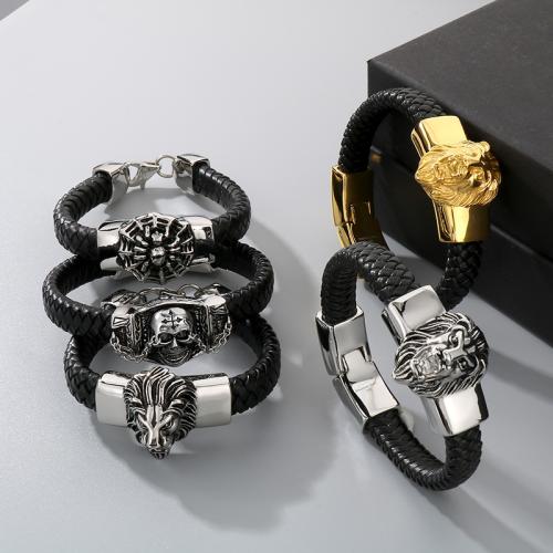 PU Leather Cord Bracelets, 304 Stainless Steel, with PU Leather, Vacuum Ion Plating & for man 