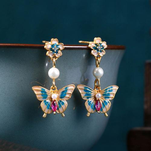 Brass Drop Earring, with Acrylic, Butterfly, gold color plated, vintage & for woman & enamel & with rhinestone 