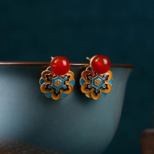 Brass Stud Earring, with Carnelian, Lotus, gold color plated, vintage & for woman & enamel 