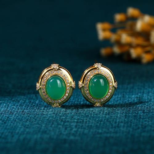 Brass Stud Earring, with Synthetic Jade, gold color plated, vintage & for woman & with rhinestone 