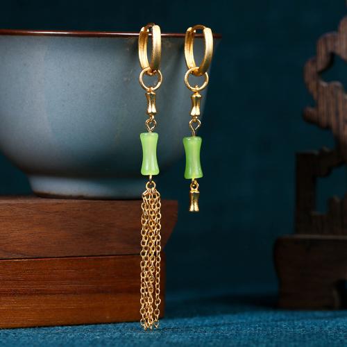 laiton Boucles d'oreilles asymétriques, avec Jade artificiel, bambou, Placage de couleur d'or, Vintage & pour femme, 85mm, Vendu par paire