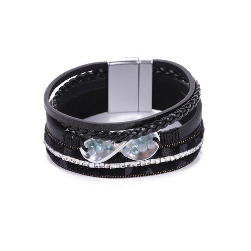 PU Leather Cord Bracelets, Zinc Alloy, with PU Leather & Crystal, fashion jewelry & multilayer & for woman Approx 19.5 cm 