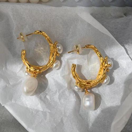 Plastic Pearl Zinc Alloy Earring, with Plastic Pearl, plated, for woman, gold [