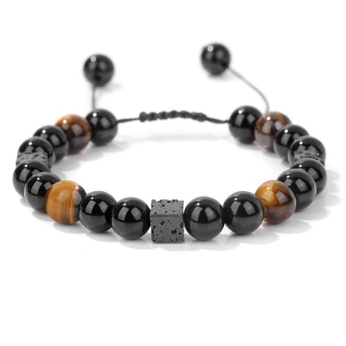 Gemstone Bracelets, Lava, with Polyester Cord & Tiger Eye, handmade, Unisex Approx 16 cm 