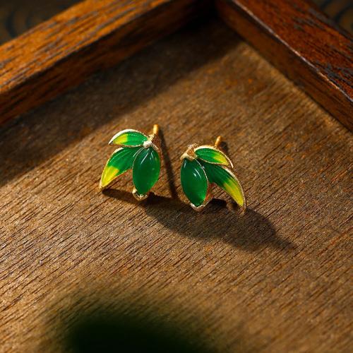 Zinc Alloy Stud Earring, with Green Calcedony, Leaf, gold color plated, vintage & for woman & enamel 