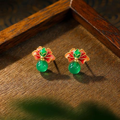 Zinc Alloy Stud Earring, with Green Calcedony, Lotus, gold color plated, vintage & for woman & enamel 