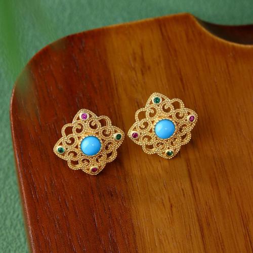 alliage de zinc boucle d oreille dormeuse, avec turquoise synthétique, Placage de couleur d'or, Vintage & pour femme & creux Vendu par paire[