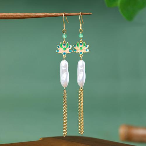 Zinc Alloy Tassel Earring, with Acrylic, Lotus, gold color plated, vintage & for woman & enamel, 104mm 