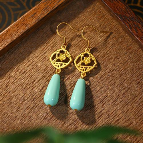 alliage de zinc Boucle d'oreille goutte, avec Jade artificiel, Placage de couleur d'or, Vintage & pour femme & creux Vendu par paire