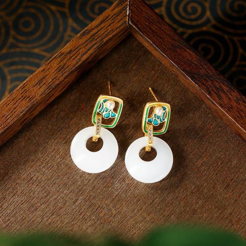 Zinc Alloy Drop Earring, with Synthetic Jade & Plastic Pearl, gold color plated, vintage & for woman & enamel & with rhinestone 