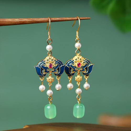 Zinc Alloy Drop Earring, with Green Calcedony & Plastic Pearl, Ruyi, gold color plated, vintage & for woman & enamel 