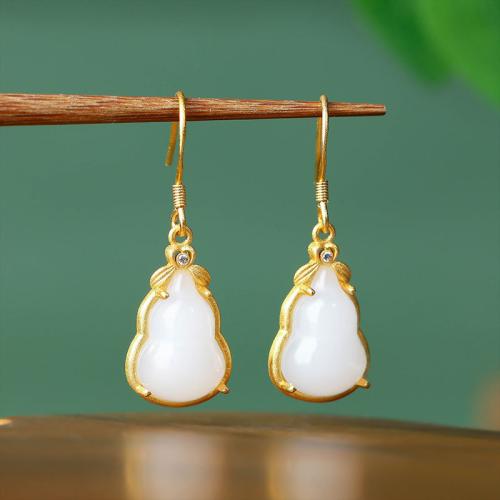 Zinc Alloy Drop Earring, with Synthetic Jade, Calabash, gold color plated, vintage & for woman & with rhinestone 