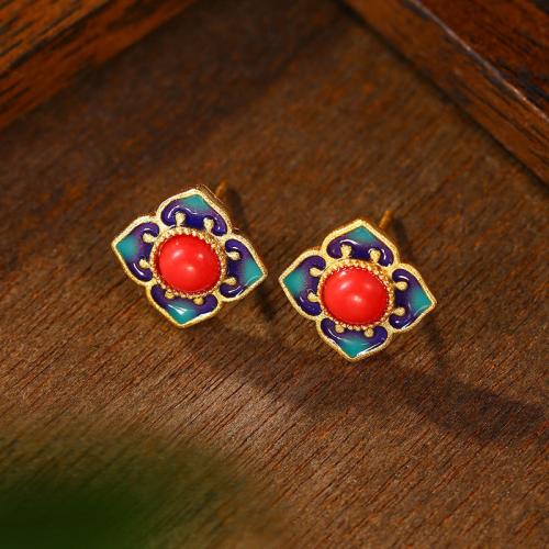 Zinc Alloy Stud Earring, with Synthetic Jade, Flower, gold color plated, vintage & for woman & enamel 