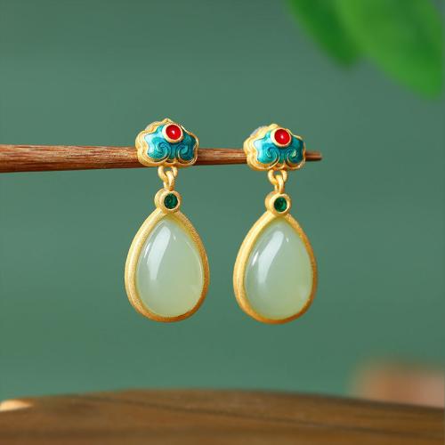 Zinc Alloy Drop Earring, with Synthetic Jade, Teardrop, gold color plated, vintage & for woman & enamel 