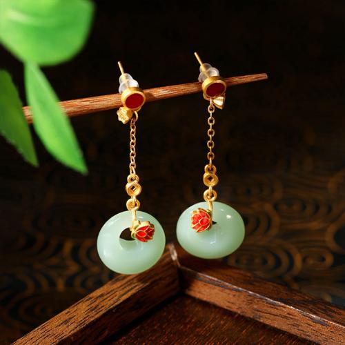 Zinc Alloy Drop Earring, with Synthetic Jade, Lotus, gold color plated, vintage & for woman & enamel 