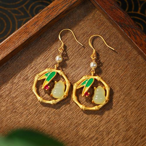 Zinc Alloy Drop Earring, with Synthetic Jade, gold color plated, vintage & for woman & enamel 