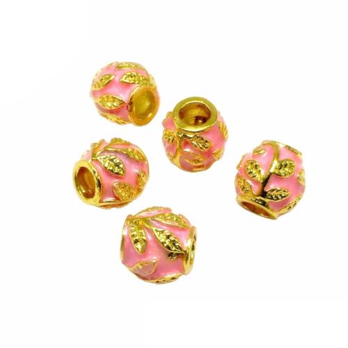 Perles cloisonnés d'argent plaqué, laiton, avec cloisonne, Placage de couleur d'or, DIY & émail, rose, 10mm, Vendu par PC