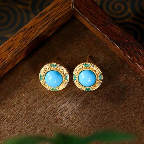 alliage de zinc boucle d oreille dormeuse, avec turquoise synthétique, Rond, Placage de couleur d'or, pour femme & avec strass & creux Vendu par paire[